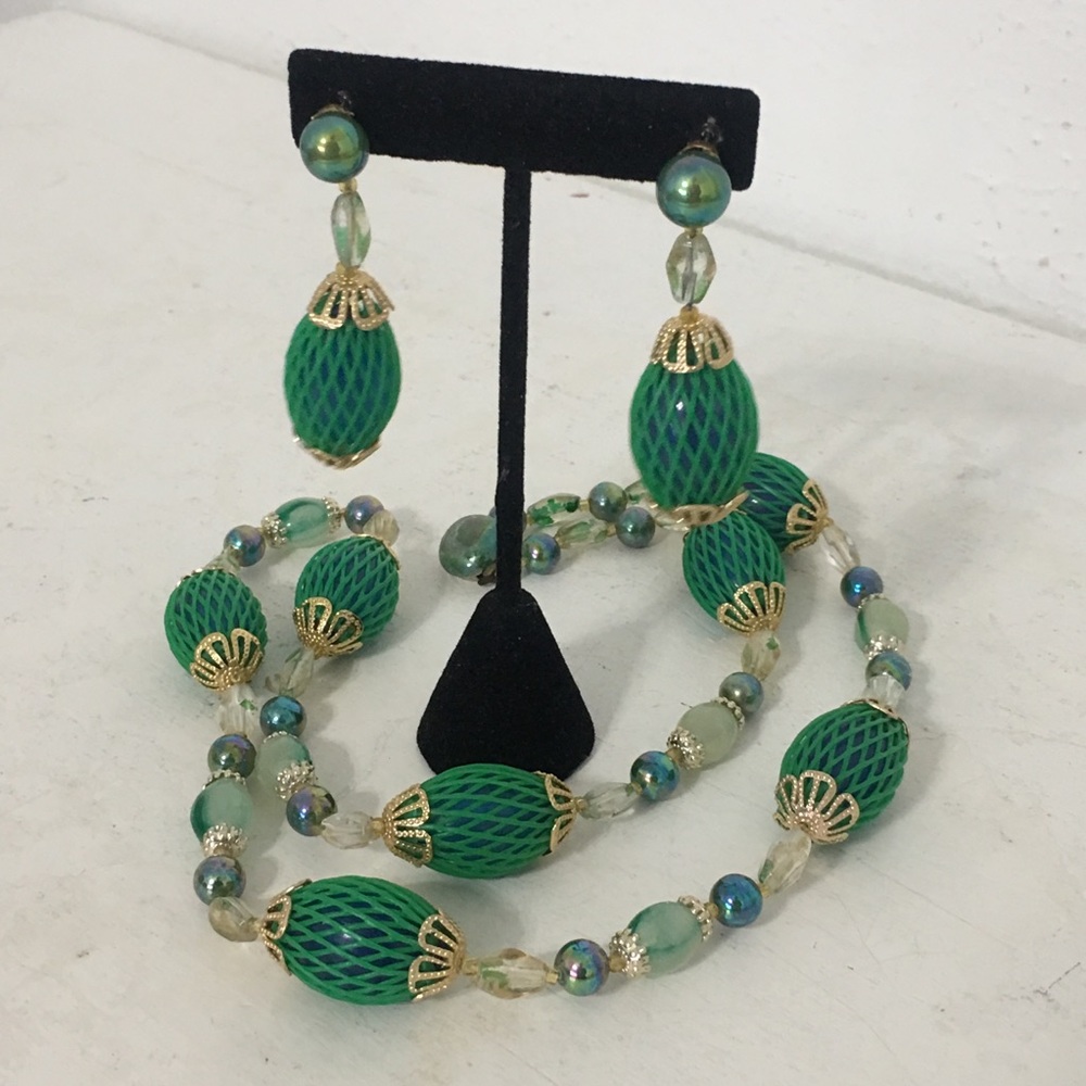 Vintage Japan Beaded Harlequin Demi Parure Set